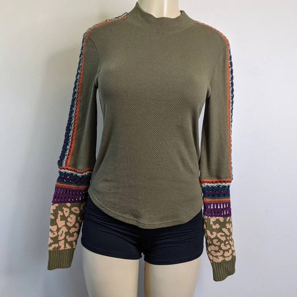 Free People Switch It Up Cuff Thermal Shirt Green Multi-color‎ Size XS